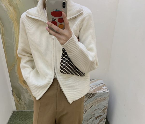 wool 1343 two colors into double zipper high neck pit strip korean pure color thin cardigan women, White 
wool 1343 two colors into double zipper high neck pit strip korean pure color thin cardigan women, White