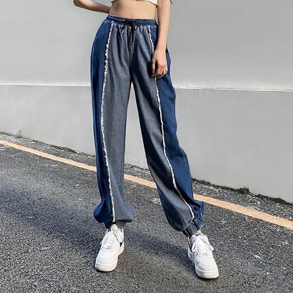 women's jeans patchwork high waist loose harem women 2021 spring burrs tie feet streetwear lady drawstring casual denim pants, Blue
women's jeans patchwork high waist loose harem women 2021 spring burrs tie feet streetwear lady drawstring casual denim pants, Blue