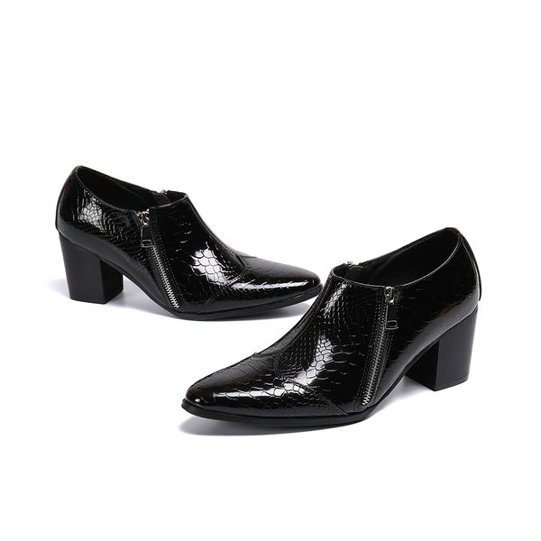 high heel shoes for men wedding patent genuine leather classic snakeskin dress formal oxford zipper male luxury italian shoe, Black