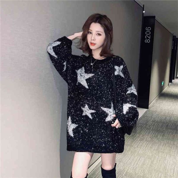 spring and autumn korean version of the round neck star bright silk pullover black sweater women loose shirt 210427, White;black
spring and autumn korean version of the round neck star bright silk pullover black sweater women loose shirt 210427, White;black