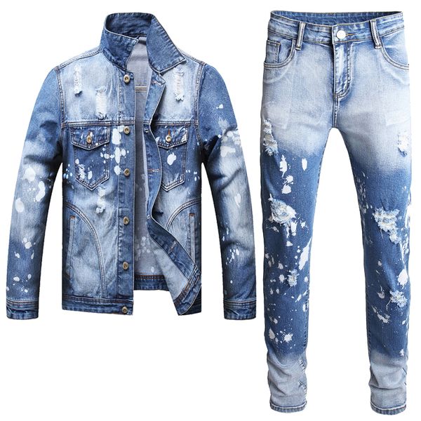 blue tracksuits ripped hole mens 2 piece sets new contrasting color design autumn winter slim fit denim jacket + jeans conjuntos de hombres, Gray
blue tracksuits ripped hole mens 2 piece sets new contrasting color design autumn winter slim fit denim jacket + jeans conjuntos de hombres, Gray