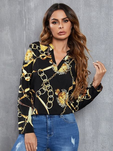 chain print notched blouse b2fg#, White