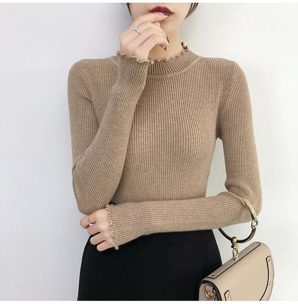 women's sweaters pullovers knitted turtleneck ruched sweater women long sleeve high elastic solid jumper fall winter woman soft ribbed, White;black