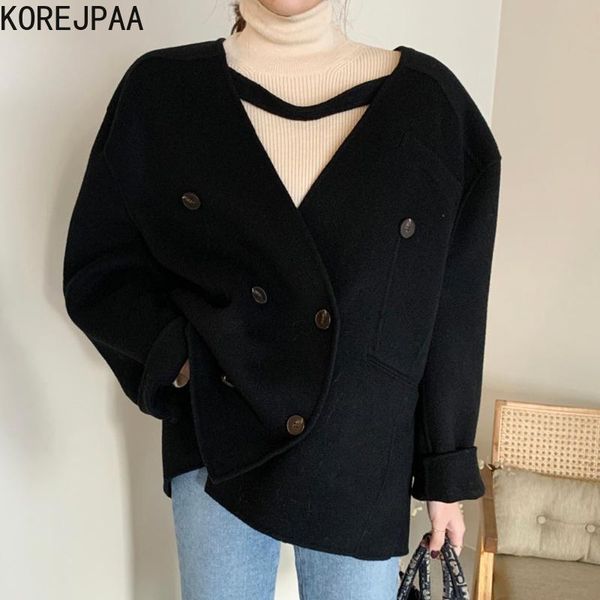women's wool & blends korejpaa women jacket 2021 winter korean elegant retro v-neck double-breasted loose solid color long-sleeved warm, Black
women's wool & blends korejpaa women jacket 2021 winter korean elegant retro v-neck double-breasted loose solid color long-sleeved warm, Black