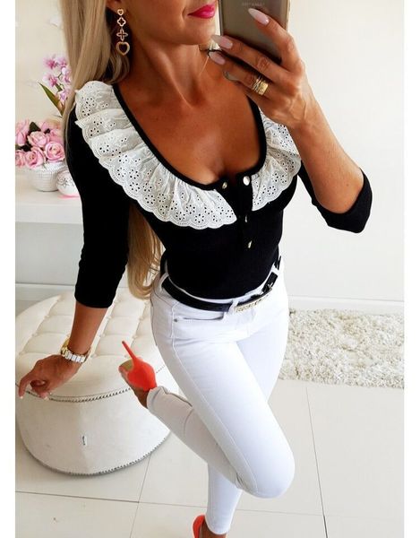 Ruffle Lace Designer Tshirts Women Solid Color Sweet Slim Skinny Button Long Sleeved Scoop Neck Pullover Tshirts Fashion Womens Tops, White
Ruffle Lace Designer Tshirts Women Solid Color Sweet Slim Skinny Button Long Sleeved Scoop Neck Pullover Tshirts Fashion Womens Tops, White