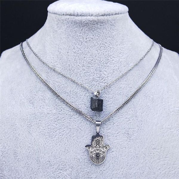 pendant necklaces 2pcs layer necklace black natural stone stainless steel hamsa hand women jewelry chaine acier inoxydable nxs03, Silver
pendant necklaces 2pcs layer necklace black natural stone stainless steel hamsa hand women jewelry chaine acier inoxydable nxs03, Silver