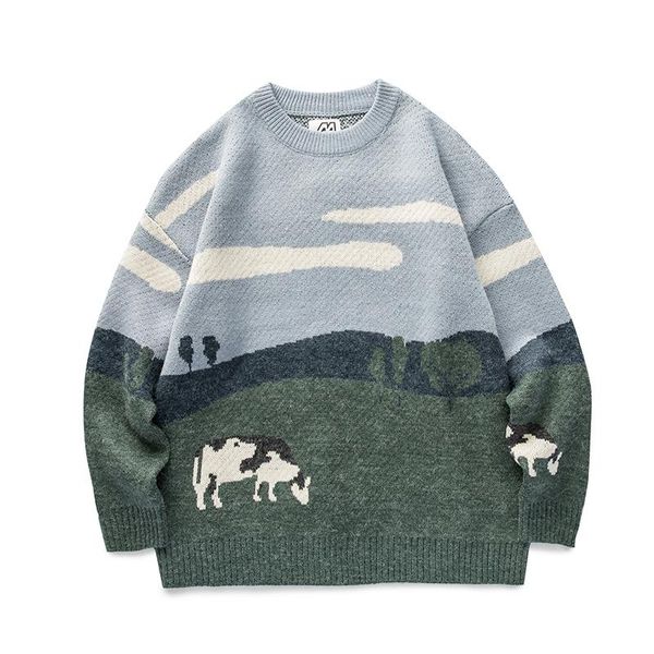 men's sweaters 2021 literary retro cow prairie sweater round neck casual pullover, White;black
men's sweaters 2021 literary retro cow prairie sweater round neck casual pullover, White;black