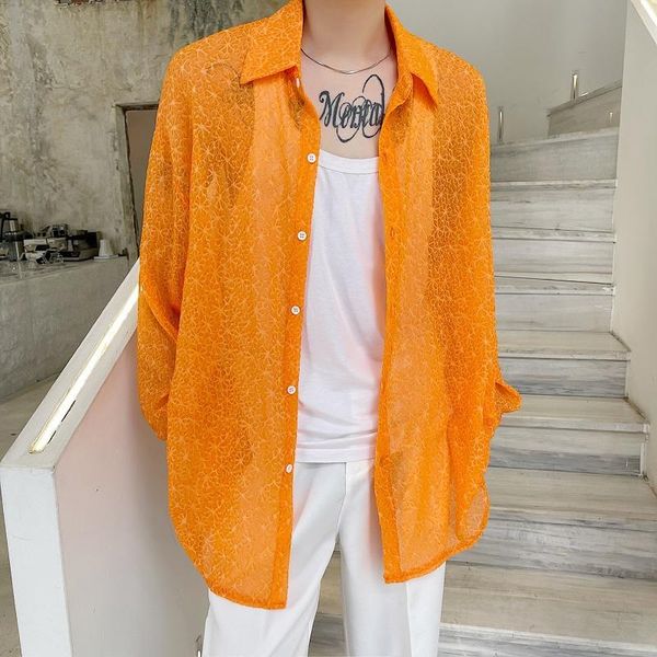 men's casual shirts summer men orange see through thin fabric loose male net celebrities vintage streetwear dress beach shirt, White;black
men's casual shirts summer men orange see through thin fabric loose male net celebrities vintage streetwear dress beach shirt, White;black