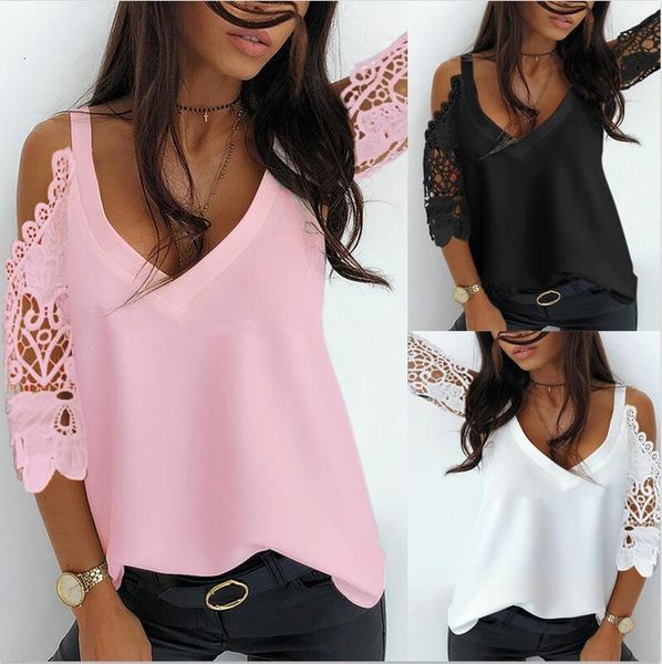 T-shirt T-shirt 2021 summer new solid color V-neck stitching lace broken sleeve women's top, White
T-shirt T-shirt 2021 summer new solid color V-neck stitching lace broken sleeve women's top, White