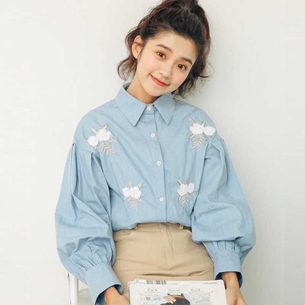 women's blouses & shirts autumn korea fashion women lantern sleeve loose casual flower embroidery vintage denim female s al1y, White
women's blouses & shirts autumn korea fashion women lantern sleeve loose casual flower embroidery vintage denim female s al1y, White