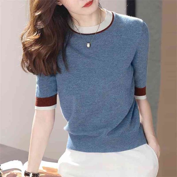 contrast color short knitted t-shirt for women fashion sleeve pullover female korean style summer o-neck knitwear 210522, White
contrast color short knitted t-shirt for women fashion sleeve pullover female korean style summer o-neck knitwear 210522, White