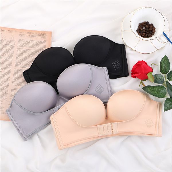 bras french strapless underwear women's front buckle gathered anti slip small bra show big no steel ring invisible, Red;black