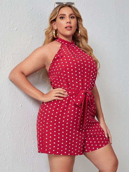 plus polka dot belted halter romper p3tu#, Black 
plus polka dot belted halter romper p3tu#, Black