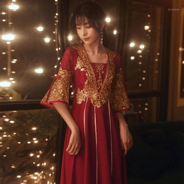 women toast dress bride female 2021 burgundy wedding large size long slim banquet temperament evening ethnic clothing, Red
women toast dress bride female 2021 burgundy wedding large size long slim banquet temperament evening ethnic clothing, Red