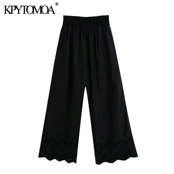 women chic fashion cutwork embroidery hem pants vintage high elastic waist side pockets female ankle trousers 210416, Black;white
women chic fashion cutwork embroidery hem pants vintage high elastic waist side pockets female ankle trousers 210416, Black;white