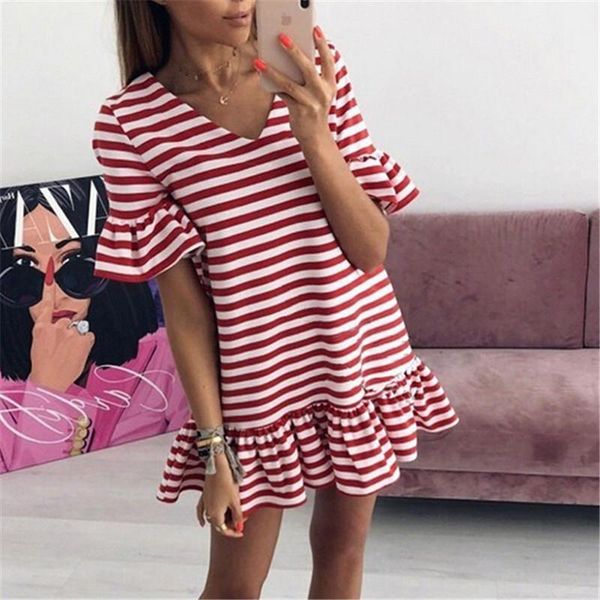 casual dresses women ruffles v neck summer striped lotus leaf short mini dress beach sleeve female vestidos, Black;gray
casual dresses women ruffles v neck summer striped lotus leaf short mini dress beach sleeve female vestidos, Black;gray