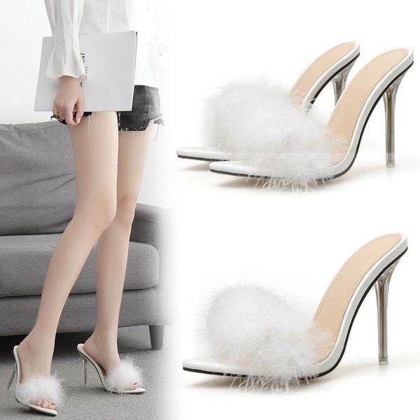 slippers super thin high heels transparent white fur pointed toe brief european woman shoes ladies party celetribies slides, Black
slippers super thin high heels transparent white fur pointed toe brief european woman shoes ladies party celetribies slides, Black