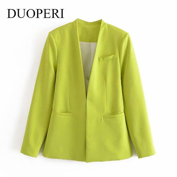women's suits & blazers duoperi 2021 fashion collarless blazer women long sleeves hidden button casual office lady coat woman outwear f, White;black
women's suits & blazers duoperi 2021 fashion collarless blazer women long sleeves hidden button casual office lady coat woman outwear f, White;black