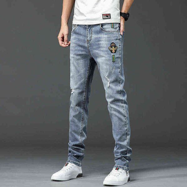 and mix match men's jeans with holes in spring summer, slim fit leggings, international special embroidery, trendy little bee, Blue
and mix match men's jeans with holes in spring summer, slim fit leggings, international special embroidery, trendy little bee, Blue
