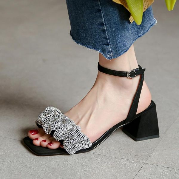 2021 summer sweet buttoned sandals est fashion thick heels women wedding office lady shoes woman dress, Black