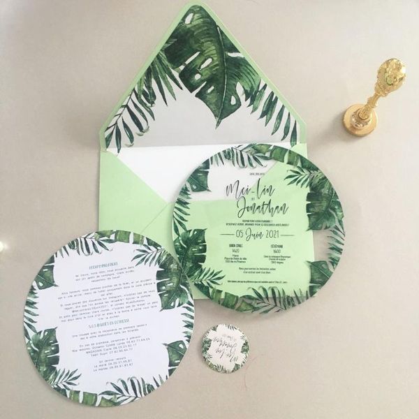 greeting cards luxury engagement wedding invitation favor transparent palm leaf green envelop round shape with sticker
greeting cards luxury engagement wedding invitation favor transparent palm leaf green envelop round shape with sticker