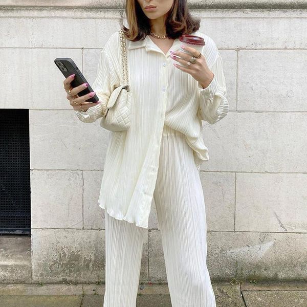 women's two piece pants causal loose home suit autumn long sleeve blouse with high wasit set women elegant pleated beige 2 pant sets, White
women's two piece pants causal loose home suit autumn long sleeve blouse with high wasit set women elegant pleated beige 2 pant sets, White
