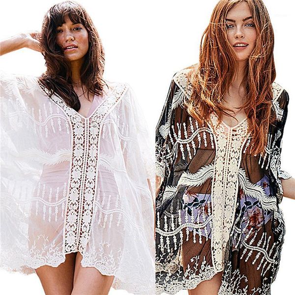 women's smock embroidery hollow out mesh lace loose coat see through pullover for female swimwear swiming cover-ups, White;black
women's smock embroidery hollow out mesh lace loose coat see through pullover for female swimwear swiming cover-ups, White;black