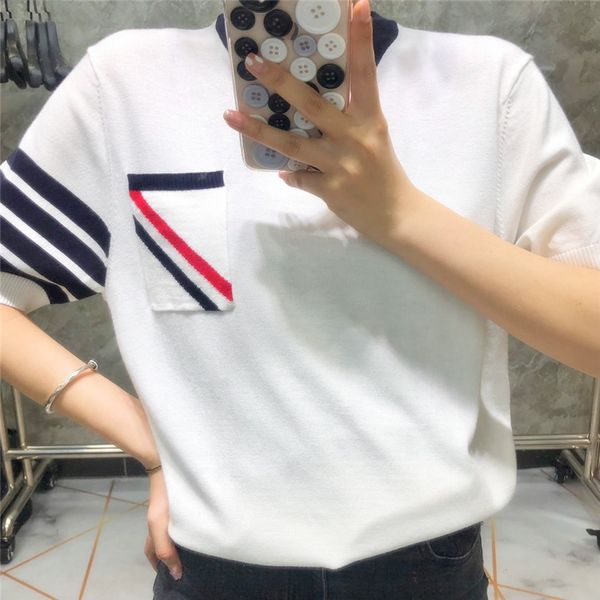 summer new tb british style four bar pocket slash round neck pullover short sleeve ice silk sweater women's wear, White
summer new tb british style four bar pocket slash round neck pullover short sleeve ice silk sweater women's wear, White