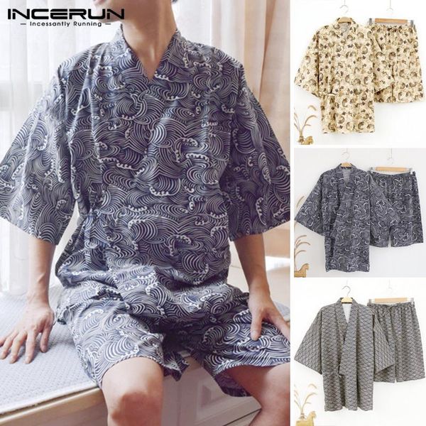 men's sleepwear incerun men pajamas sets print homewear comfortable japanese kimono suit short sleeve shorts lounge 2021, Black;brown 
men's sleepwear incerun men pajamas sets print homewear comfortable japanese kimono suit short sleeve shorts lounge 2021, Black;brown