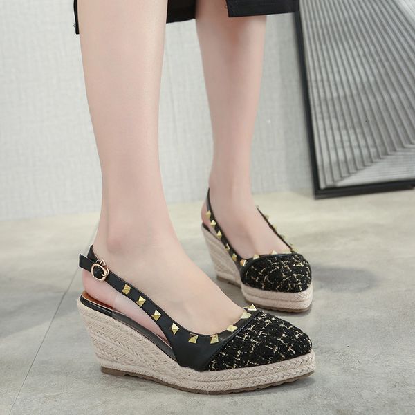 slope heel sandals 2021 summer pointed rivet back empty baotou straw thick soled high-heeled single sho for women, Black
slope heel sandals 2021 summer pointed rivet back empty baotou straw thick soled high-heeled single sho for women, Black