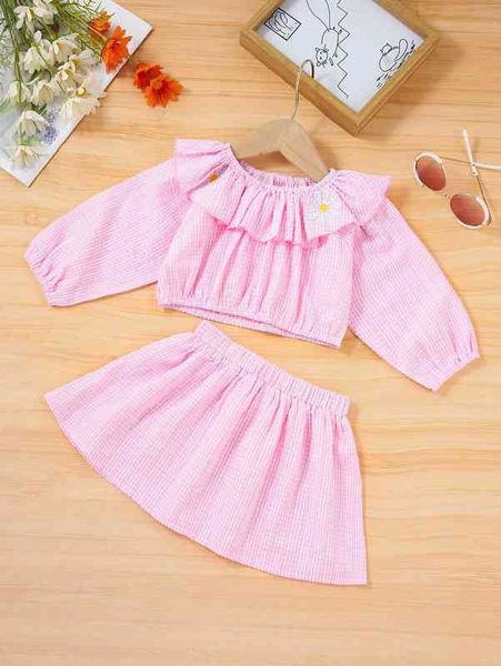 baby gingham print floral embroidery ruffle trim & skirt she, White