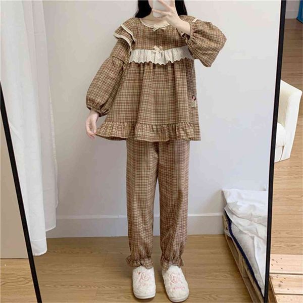 spring loose checkered pyjamas ruffles women sleepwear plaid pajamas set long sleeve lace side casual vintage pjs homewear l168, Black;red
spring loose checkered pyjamas ruffles women sleepwear plaid pajamas set long sleeve lace side casual vintage pjs homewear l168, Black;red