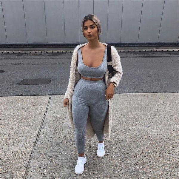 fitness knit rib two womenpant piece set lounge wear crop with leggings bodycon tracksuit women black grey outfits, White
fitness knit rib two womenpant piece set lounge wear crop with leggings bodycon tracksuit women black grey outfits, White