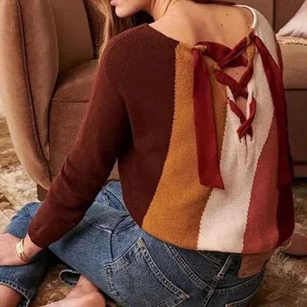 women's sweaters women sweater 2021 color matching striped back tie round neck, White;black
women's sweaters women sweater 2021 color matching striped back tie round neck, White;black