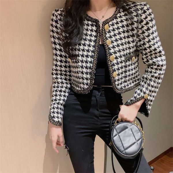 version of small fragrant wind thousand bird lattice short coat for women's autumn style versatile lady temperament cardigan, Black;brown
version of small fragrant wind thousand bird lattice short coat for women's autumn style versatile lady temperament cardigan, Black;brown