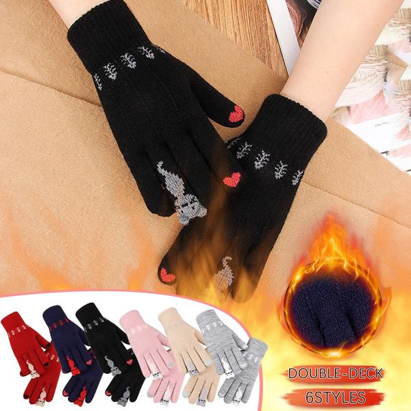women girl stretch knitted finger keep warm cat print winter double layer thicken gloves soft mitten touch screen five fingers, Blue;gray
women girl stretch knitted finger keep warm cat print winter double layer thicken gloves soft mitten touch screen five fingers, Blue;gray