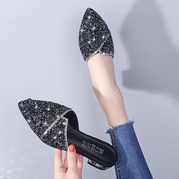 summer female mules shoes thick with pointed sequins half party bling sandals black slip-on footwear for lady
summer female mules shoes thick with pointed sequins half party bling sandals black slip-on footwear for lady