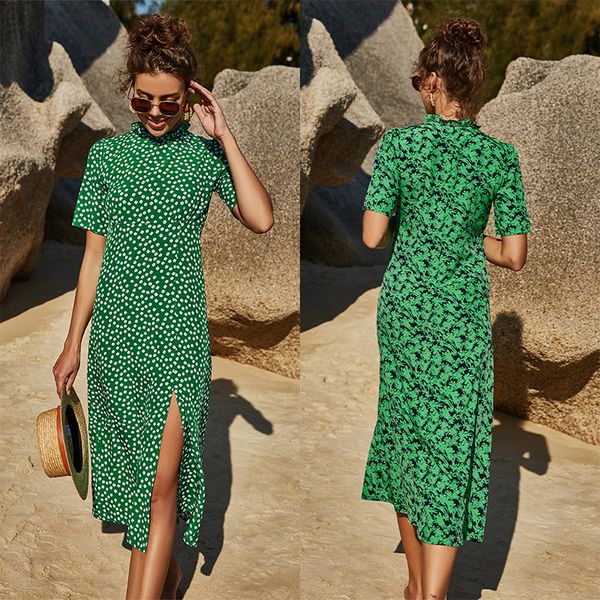 ins european station 2021 summer womens clothing slimming sheath slit slim-fitting floral short sleeve vacation style large swing dress, White;black
ins european station 2021 summer womens clothing slimming sheath slit slim-fitting floral short sleeve vacation style large swing dress, White;black