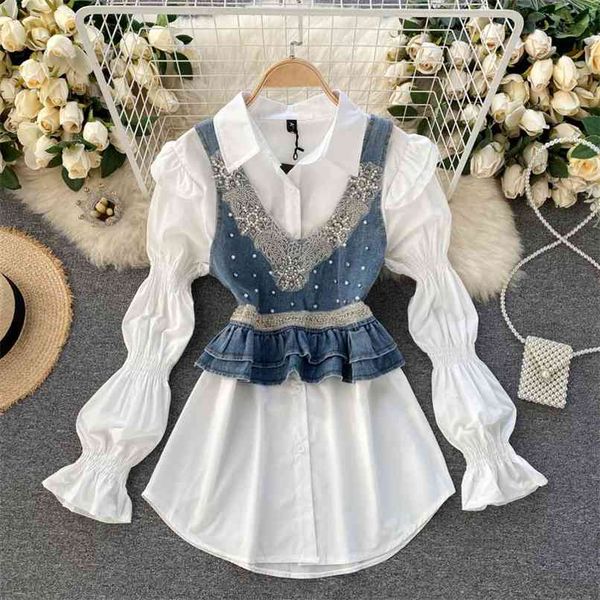 high street women's clothes set spring ruffled beaded denim vest + bubble sleeve mini shirt dress 2pcs women fashion 210602, White
high street women's clothes set spring ruffled beaded denim vest + bubble sleeve mini shirt dress 2pcs women fashion 210602, White
