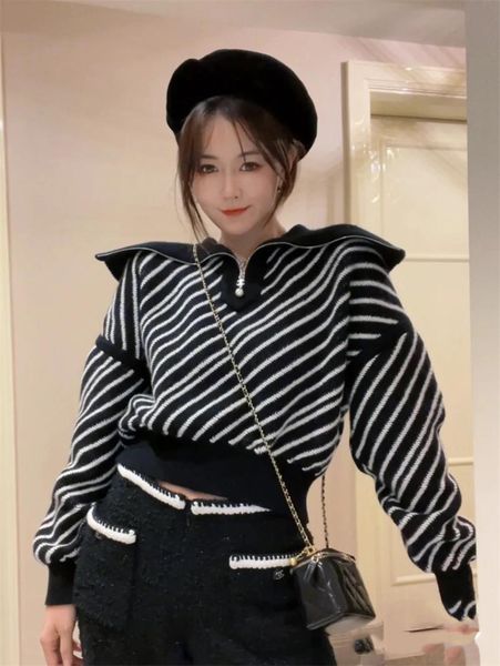 women's knits & tees 2021 autumn winter sweater fashion big turn-down collar striped pullover for women, White
women's knits & tees 2021 autumn winter sweater fashion big turn-down collar striped pullover for women, White
