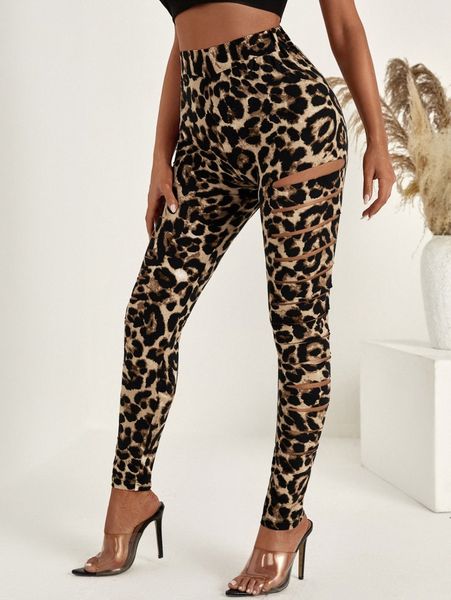sxy leopard print ladder cut out leggings x1nf#, Black