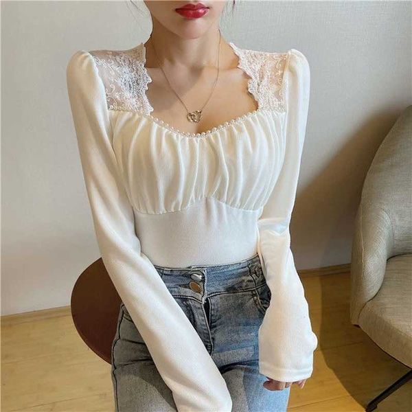 women's knits & tees casual lace square collar long sleeve slim blouse and female solid sweet korean style office lady shirts, White
women's knits & tees casual lace square collar long sleeve slim blouse and female solid sweet korean style office lady shirts, White