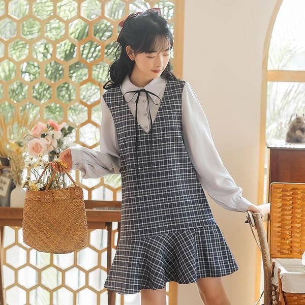 vintage dress women's loose casual cute lapel plaid stitching ruffle dresses, Black;gray
vintage dress women's loose casual cute lapel plaid stitching ruffle dresses, Black;gray