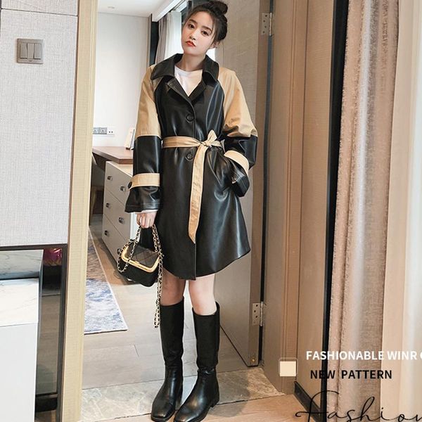 women's trench coats autumn pu leather windbreaker style all-match hit color fried street mid-length waist coat jacket fh1235, Tan;black
women's trench coats autumn pu leather windbreaker style all-match hit color fried street mid-length waist coat jacket fh1235, Tan;black