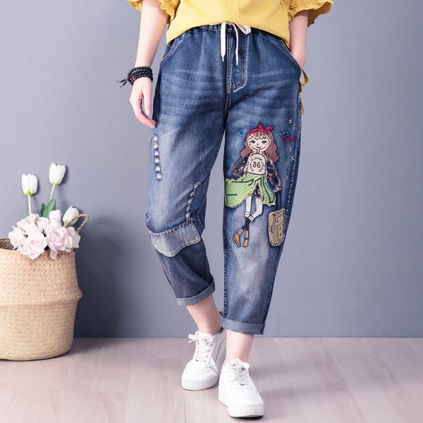 spring arts style women's elastic waistline drop jeans vintage embroidered cartoons deniharem pants plus size s620, Blue
spring arts style women's elastic waistline drop jeans vintage embroidered cartoons deniharem pants plus size s620, Blue
