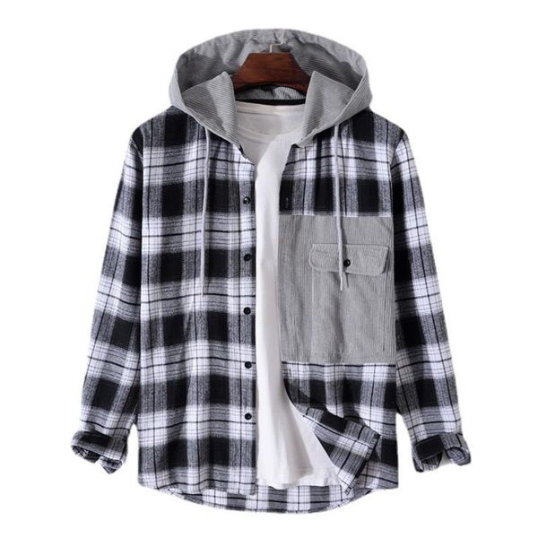 men's casual shirts mens check plaid preppy long sleeve shirt for men corduroy patchwork pocket contrast drawstring hooded, White;black
men's casual shirts mens check plaid preppy long sleeve shirt for men corduroy patchwork pocket contrast drawstring hooded, White;black