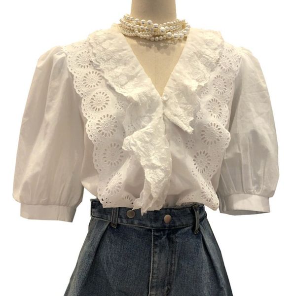 sweet lace edge patchwork blouse women shirts summer puff short sleeve womens single breasted blusas mujer 210514, White
sweet lace edge patchwork blouse women shirts summer puff short sleeve womens single breasted blusas mujer 210514, White