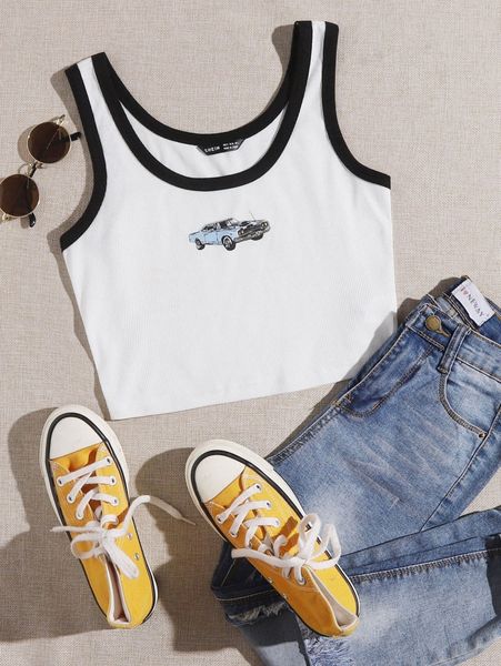 car print crop ringer tank f9vy#, White