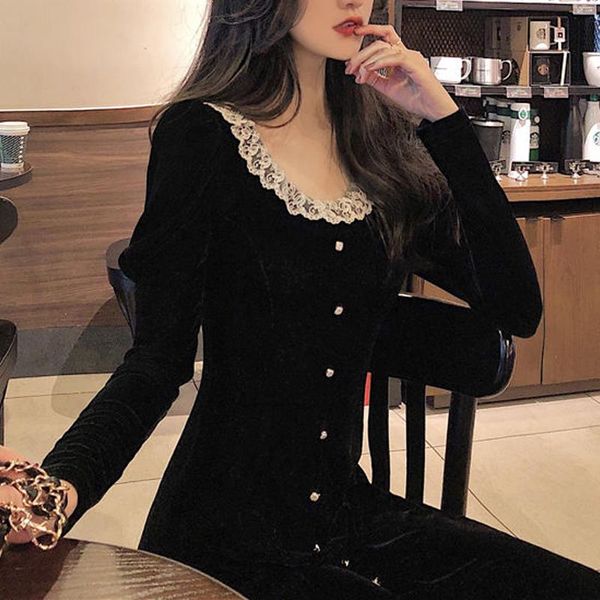 casual dresses vintage velvet black long sleeve dress french lace women warm midi spring korean one-piece female wedding party 2021, Black;gray 
casual dresses vintage velvet black long sleeve dress french lace women warm midi spring korean one-piece female wedding party 2021, Black;gray