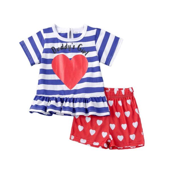 kids striped round neck short sleeve + heart print shorts for summer clothing sets, White
kids striped round neck short sleeve + heart print shorts for summer clothing sets, White